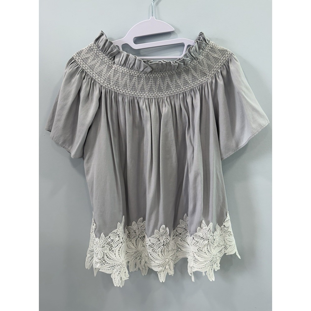 Gianni Bini Gray Off Shoulder Lace Trim Boho Peasant Top S Romantic Festival